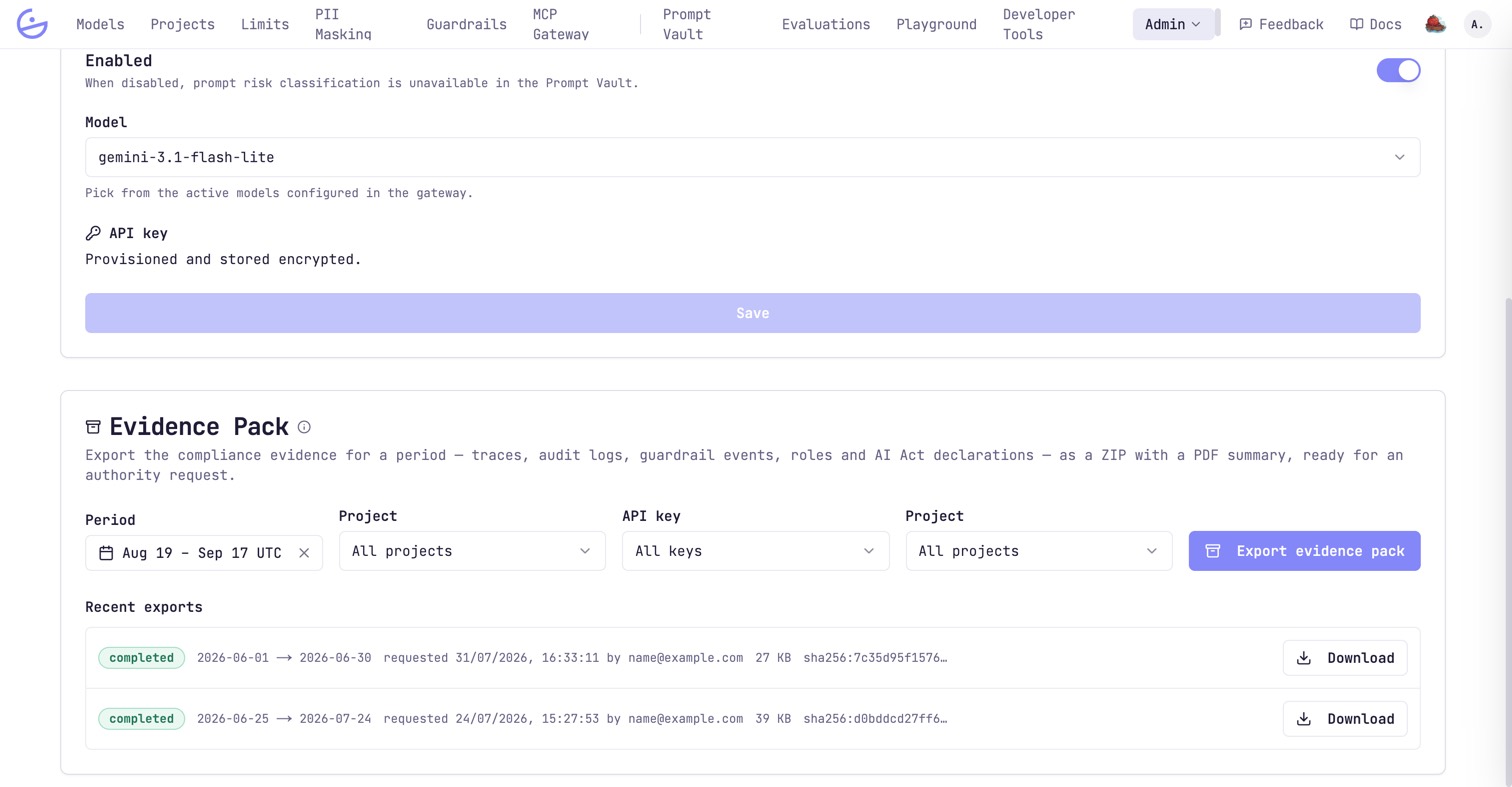 The Evidence Pack card with a period, project and API key filter, an Export evidence pack button, and a list of recent exports with status, size and SHA-256. Requester emails are replaced with a placeholder.
