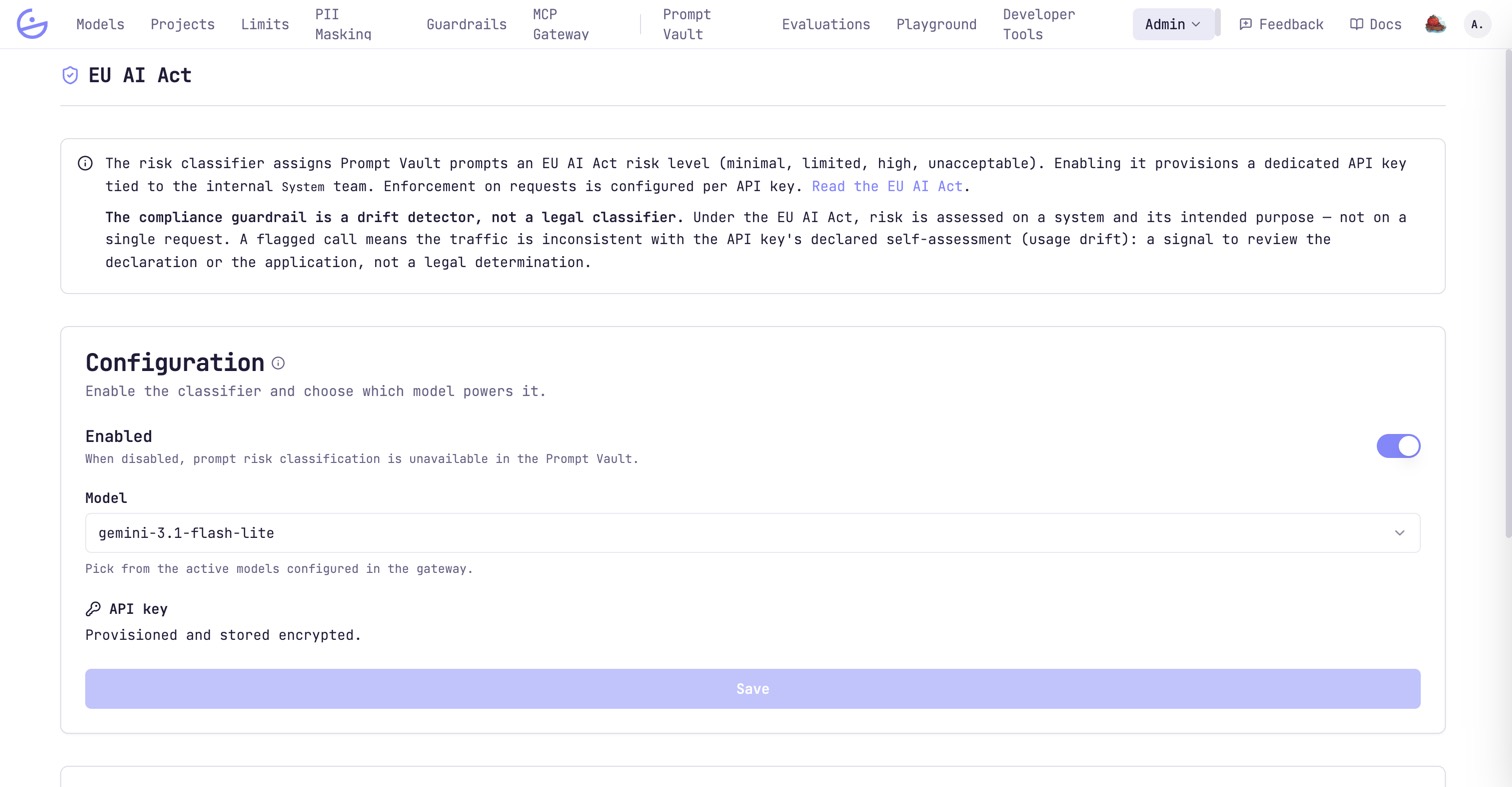 The EU AI Act admin page: an explanatory banner, then a Configuration card with an Enabled toggle, a model picker and a provisioned API key.