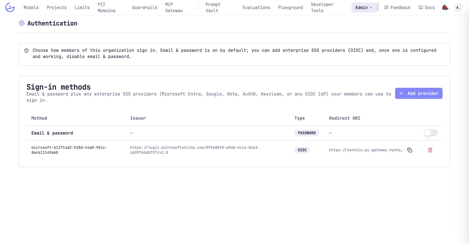 The Authentication page listing sign-in methods: email & password plus an OIDC SSO provider.