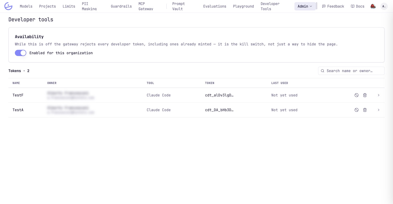 The admin Developer tools page: an availability toggle for the organization, then a table of developer identity tokens with name, owner, tool, token prefix and last use. Owner names and emails are redacted.