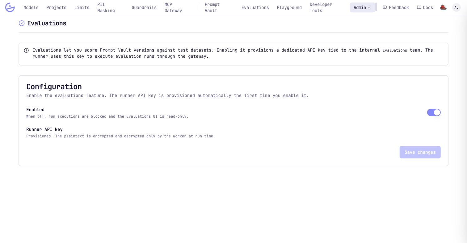 The Admin Evaluations page with the feature toggle and the provisioned runner API key.