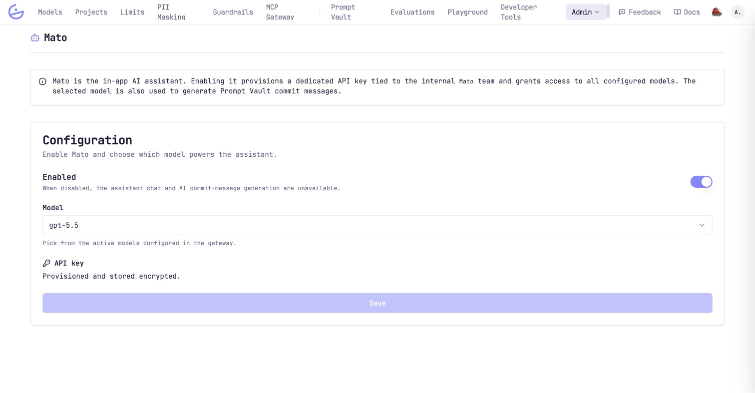 The Admin Mato page with the enabled toggle, the model selector and the provisioned API key note.