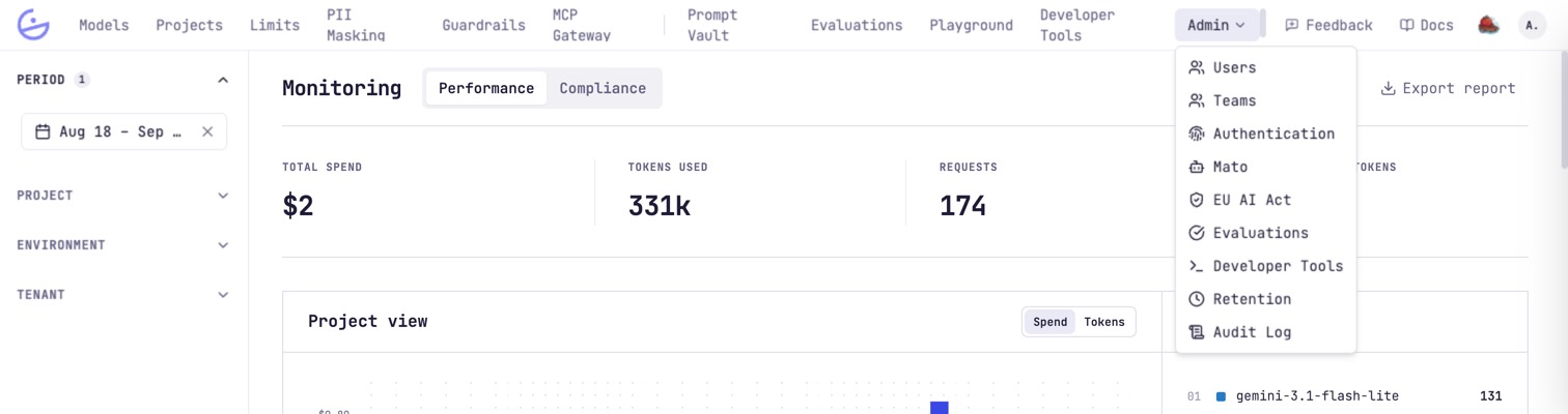 The top navigation bar with the Admin dropdown open: Users, Teams, Authentication, Mato, EU AI Act, Evaluations, Developer Tools, Retention and Audit Log.