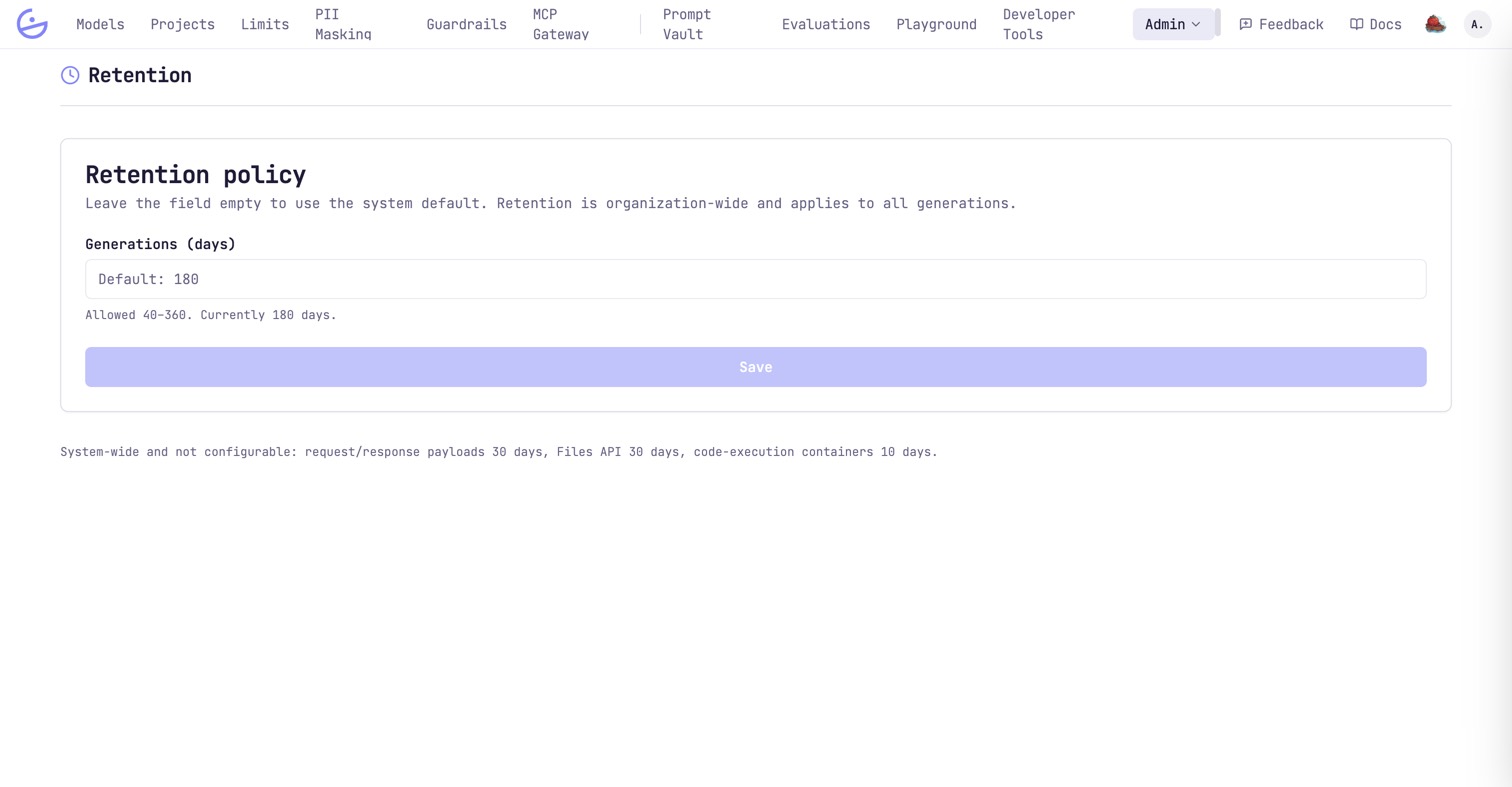 The Retention policy page with the configurable generations window.