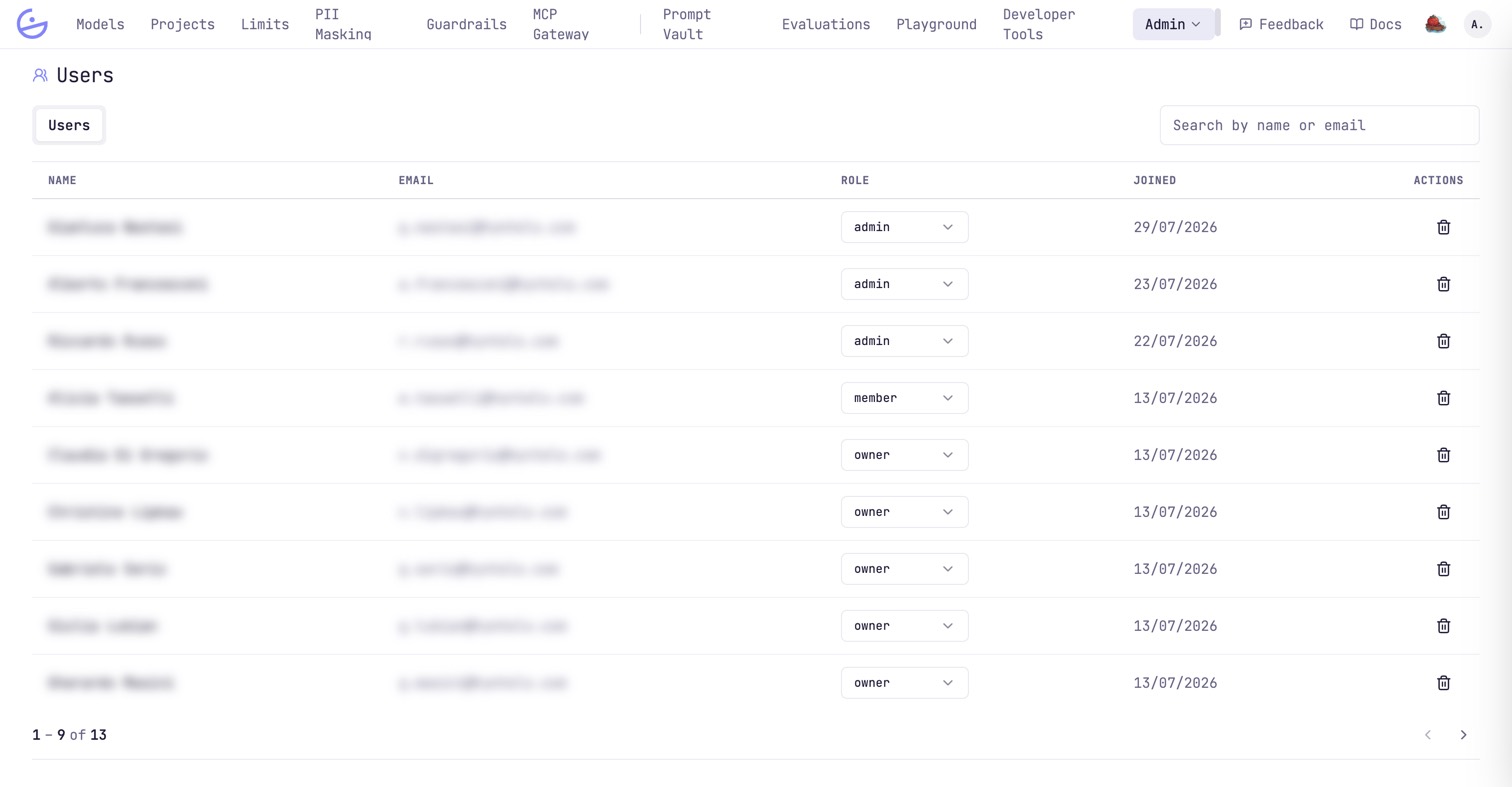 The Users admin page: a roster with per-user organization role dropdowns. Names and emails are redacted.