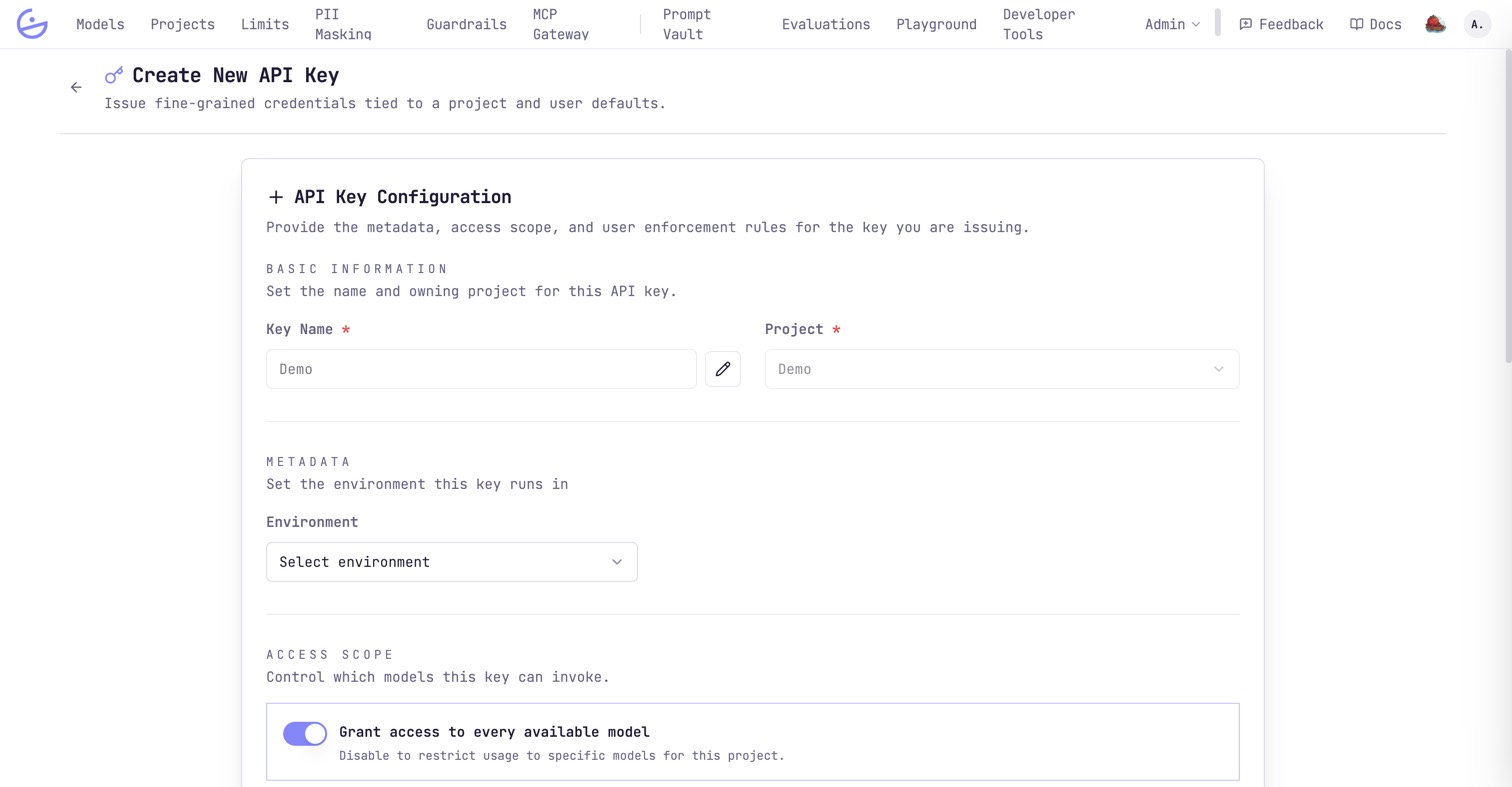 The New API key form: basic information with the key name and owning project, metadata with the environment, and the access-scope block.