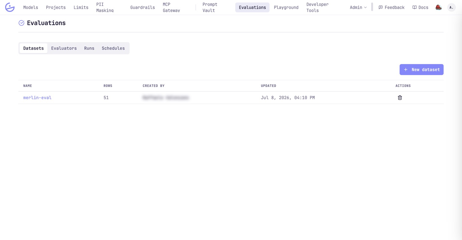 The Datasets tab listing one dataset with its row count, creator and last update. The creator's name is redacted.