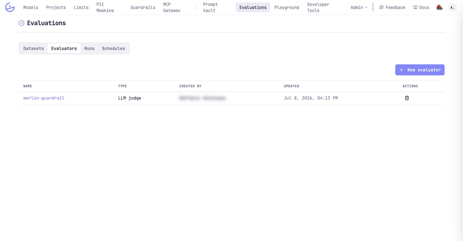 The Evaluators tab listing an LLM-judge evaluator. The creator's name is redacted.