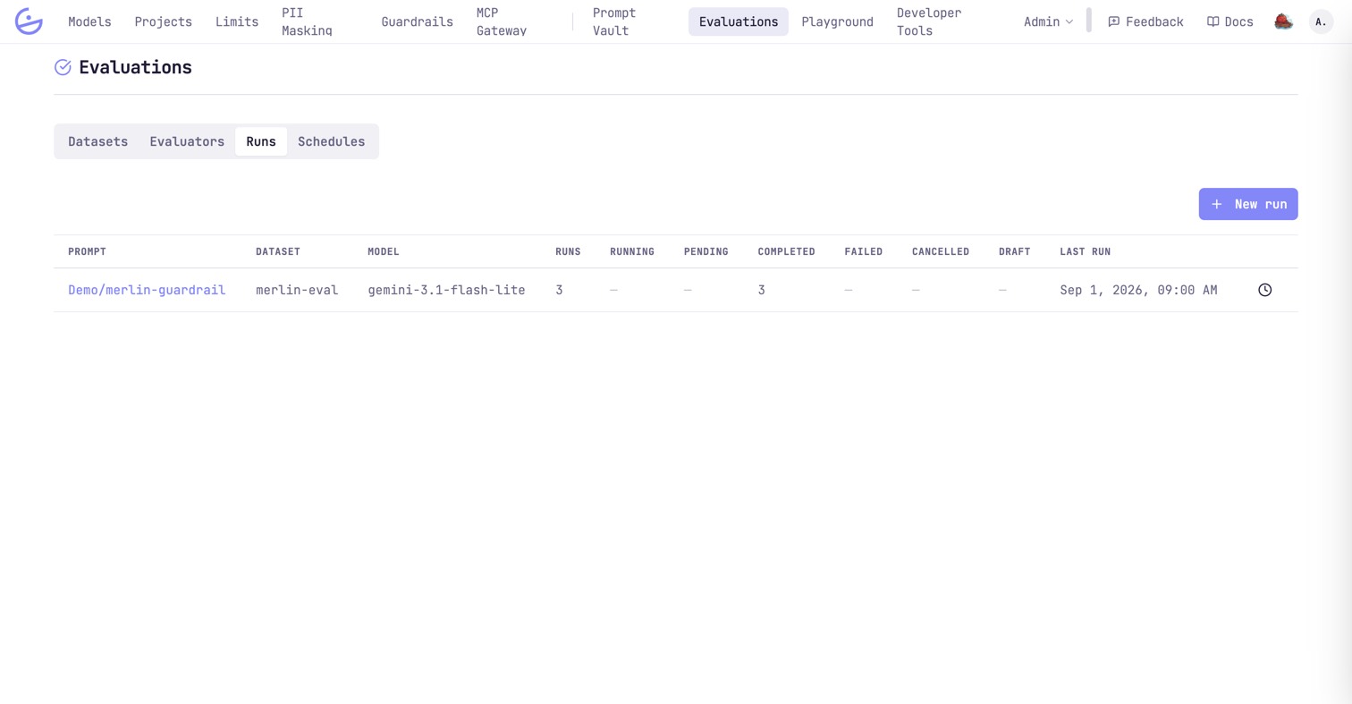The Evaluations Runs tab listing a run with its prompt, dataset, model and completion counts.