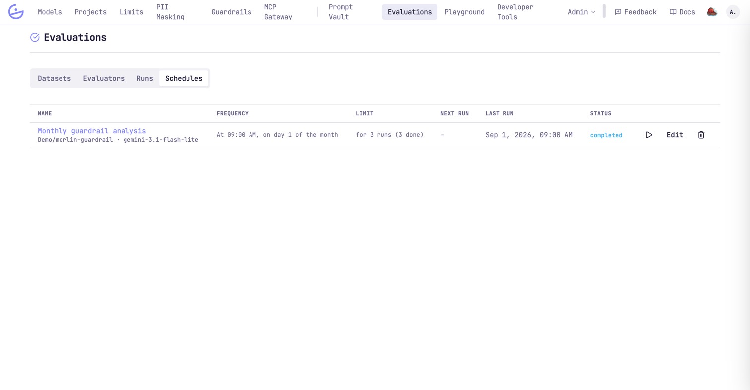 The Schedules tab listing a monthly guardrail analysis with its frequency, run limit, next and last run and status.