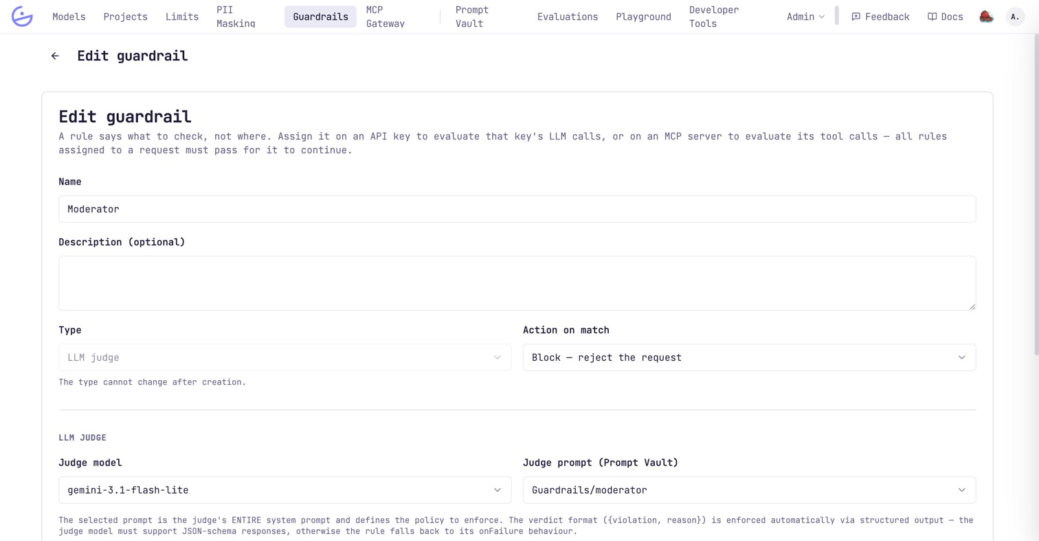 The guardrail editor for an LLM judge: action on match, judge model and a judge prompt from the Prompt Vault.