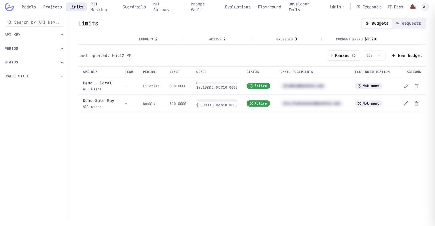 The Limits page (Budgets view): counters for budgets, active, exceeded and current spend, over rows with the bound key, period, limit, a usage bar, status and the alert recipients. Recipient emails are redacted.