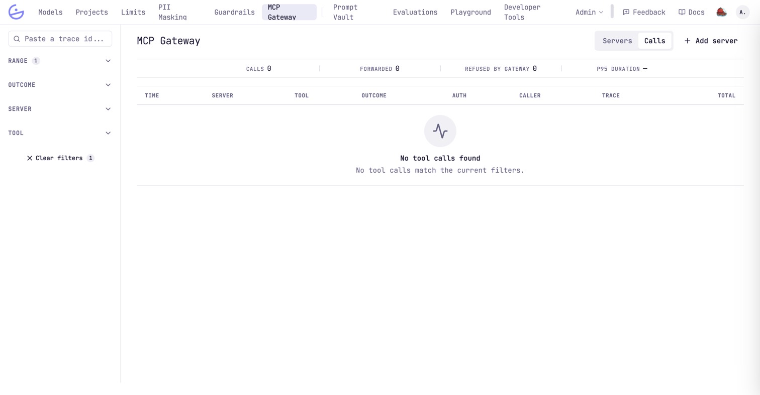 The MCP Gateway Calls view with counters for calls, forwarded, refused by gateway and p95 duration, over a table of time, server, tool, outcome, auth, caller and trace.
