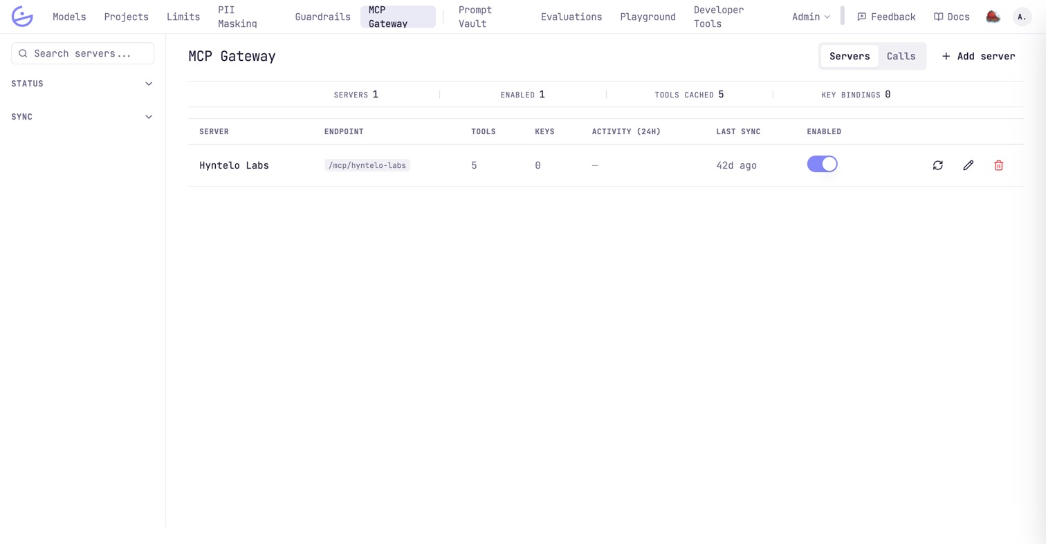 The MCP Gateway servers list with endpoint, tool count, key count, 24-hour activity, last sync and an enable toggle, plus Servers and Calls views.