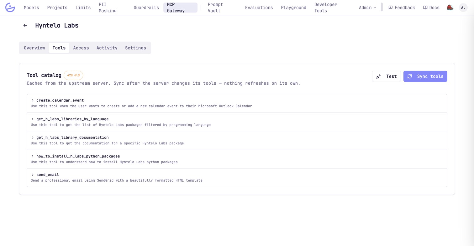 A server's Tools tab listing five cached tools with their descriptions, the age of the cache, and Test and Sync tools buttons.