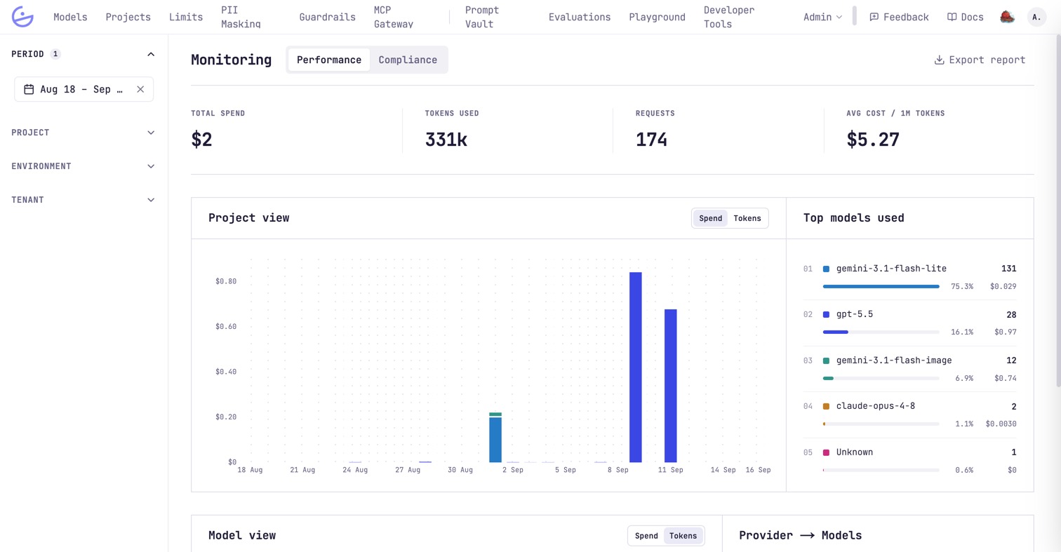 The Monitoring dashboard: spend, tokens, requests and top models, with the top navigation bar.