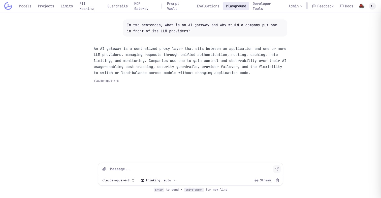 The Playground with one question answered by claude-opus-4-8, and below it the message box with the model picker, the Thinking selector and the Stream toggle.