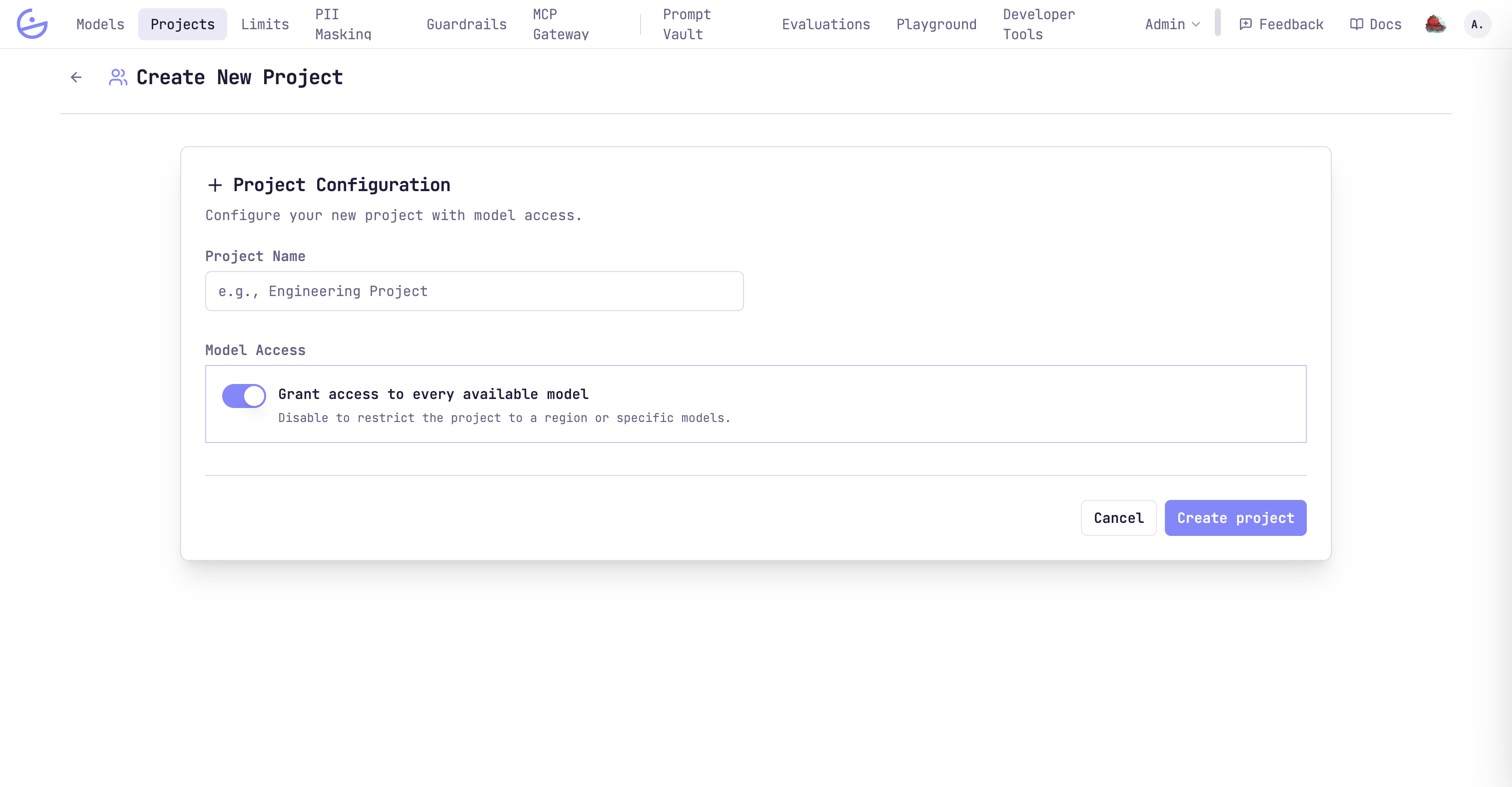 The Create New Project form with a project name field and the Model Access toggle granting access to every available model.