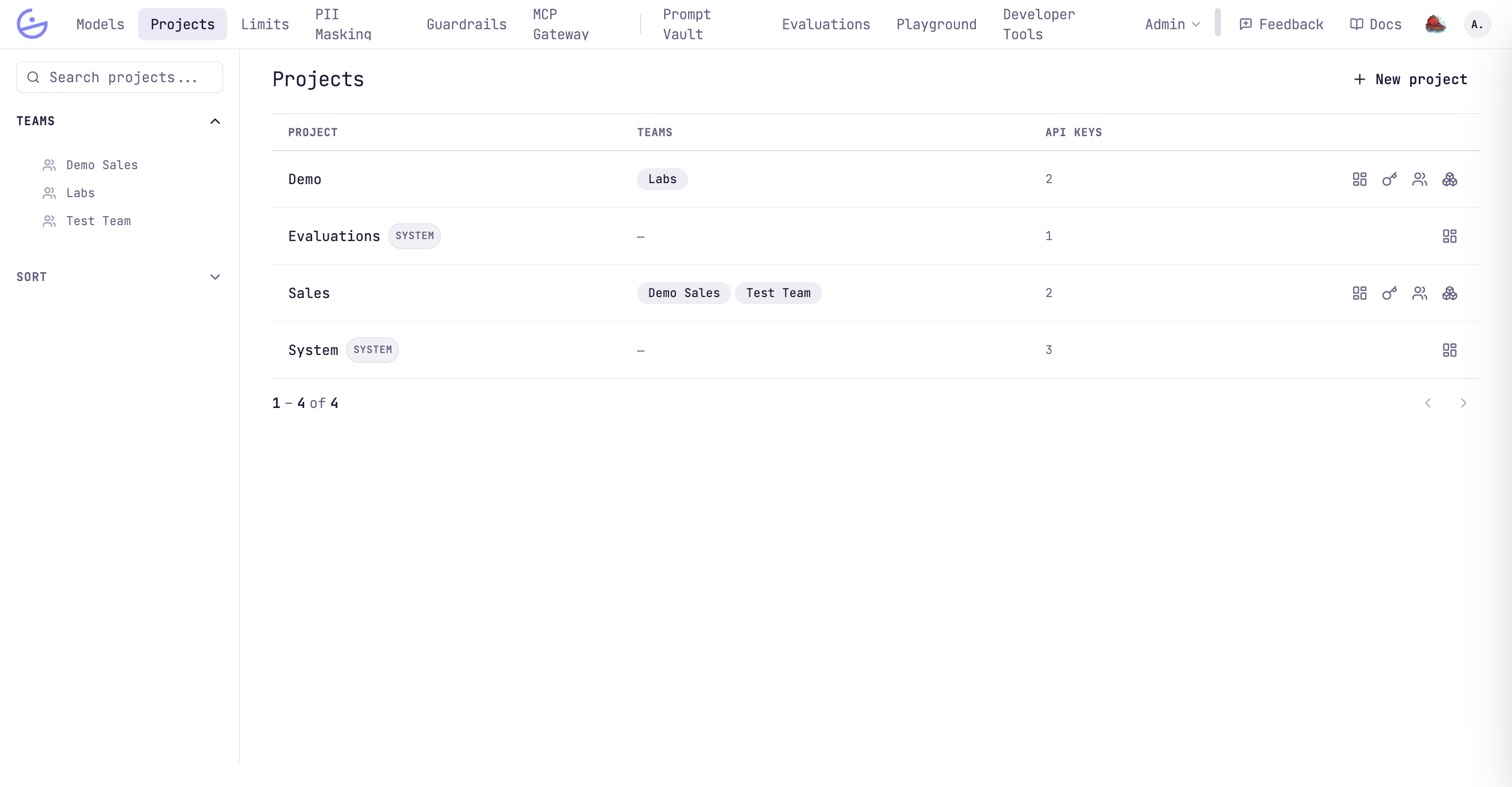 The Projects list: a row per project with its teams as badges and its API key count, plus per-row icons for the four project tabs.