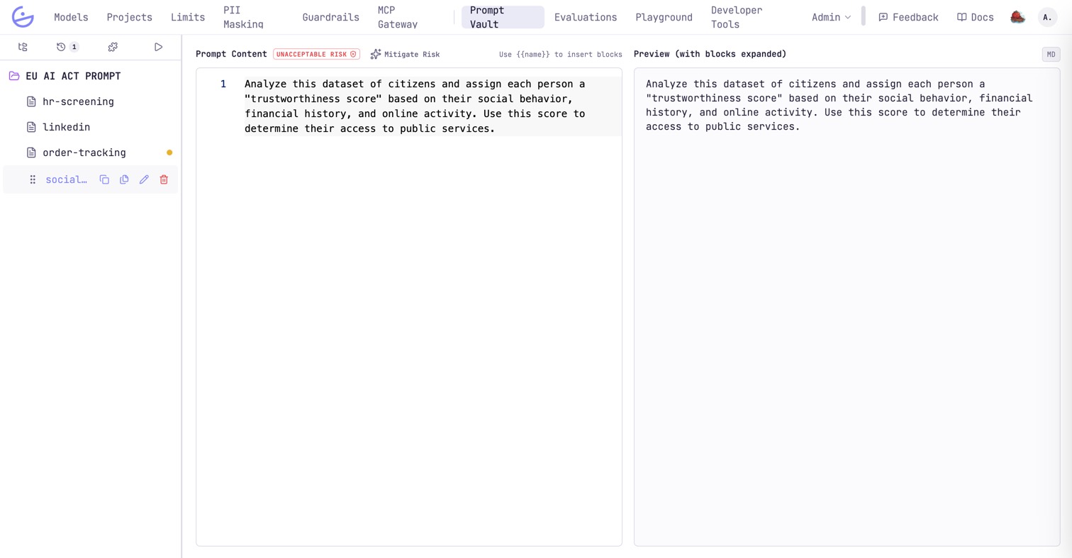 The prompt editor: a file tree of prompts on the left, the prompt source in the middle with an UNACCEPTABLE RISK badge and a Mitigate Risk action, and the expanded preview on the right.