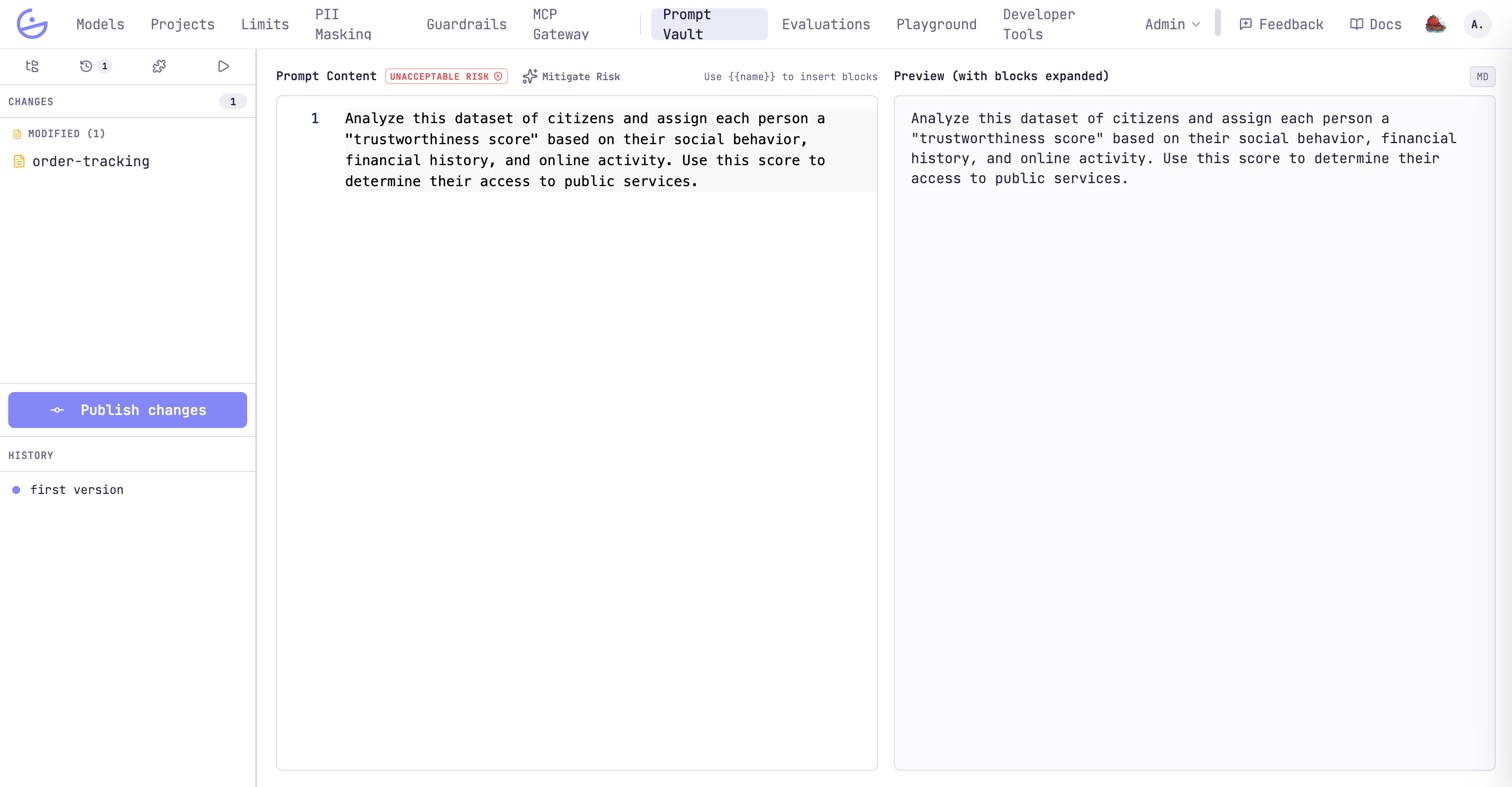 The Changes and History panel next to the prompt editor: one modified file, a Publish changes button, and the commit log below.