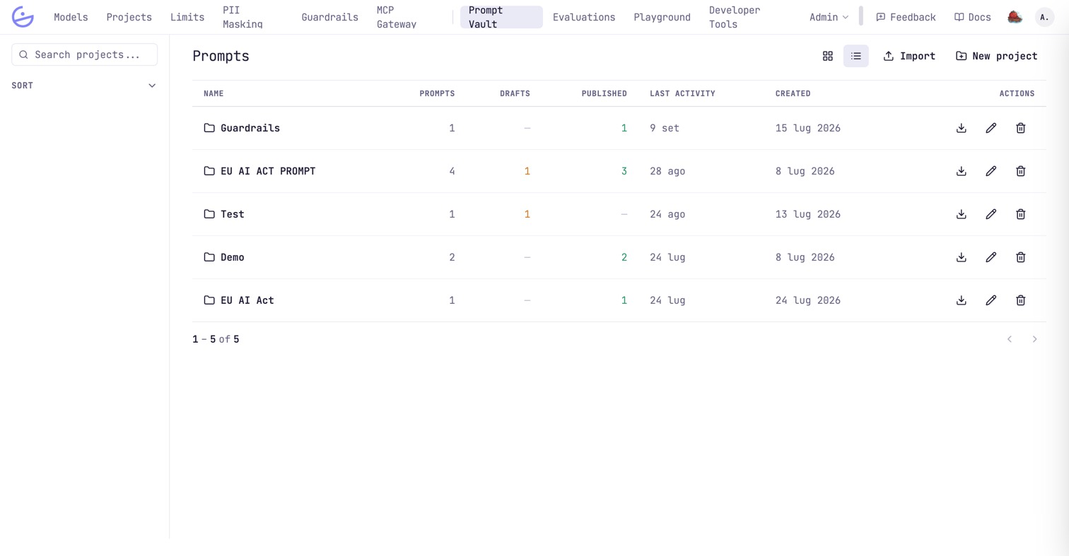 The Prompt Vault projects list with prompt, draft and published counts per project.