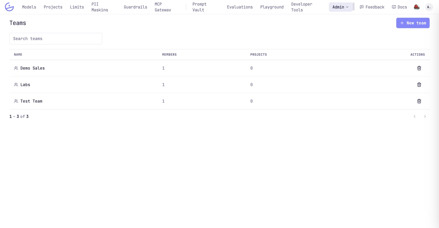The Teams admin page: a table of teams with their member count, project count and a delete action, plus a New team button.